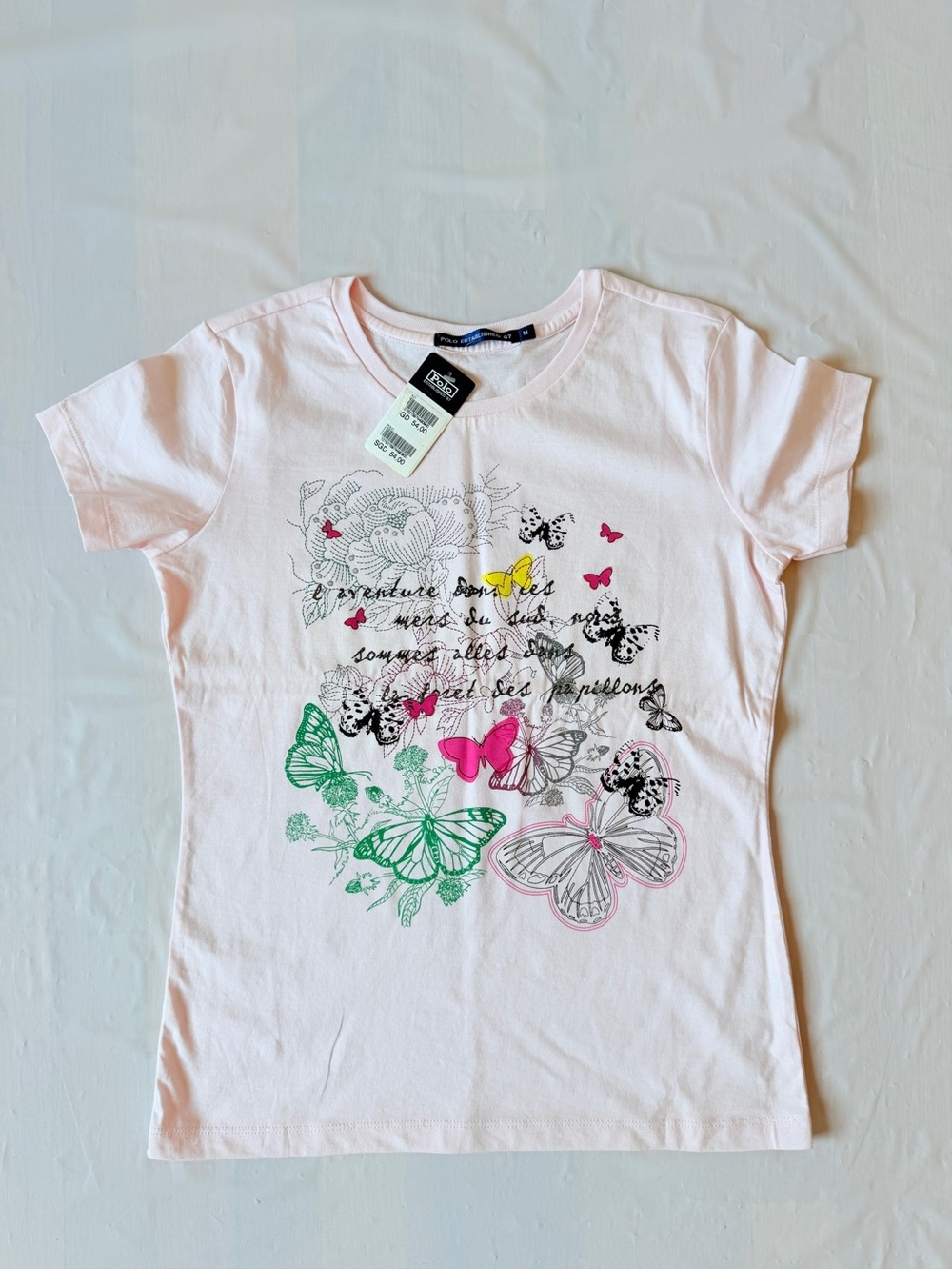 Polo Ralph Lauren Vintage Pink Butterfly Graphic Tee size 2 new with tag 90s
